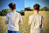 a composite image of two boys, seen from behind
