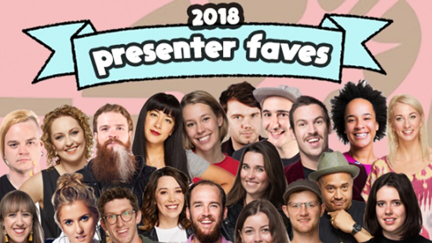 A collage of various triple j presenters, above a light red background with a bright blue header stating '2018 presenter faves'