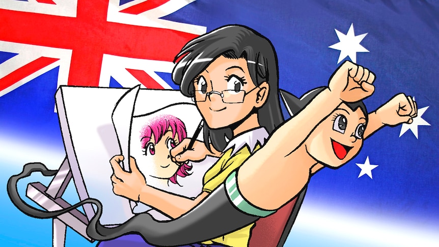 Cartoon of a girl drawing on a canvas with the Australian flag in the background.