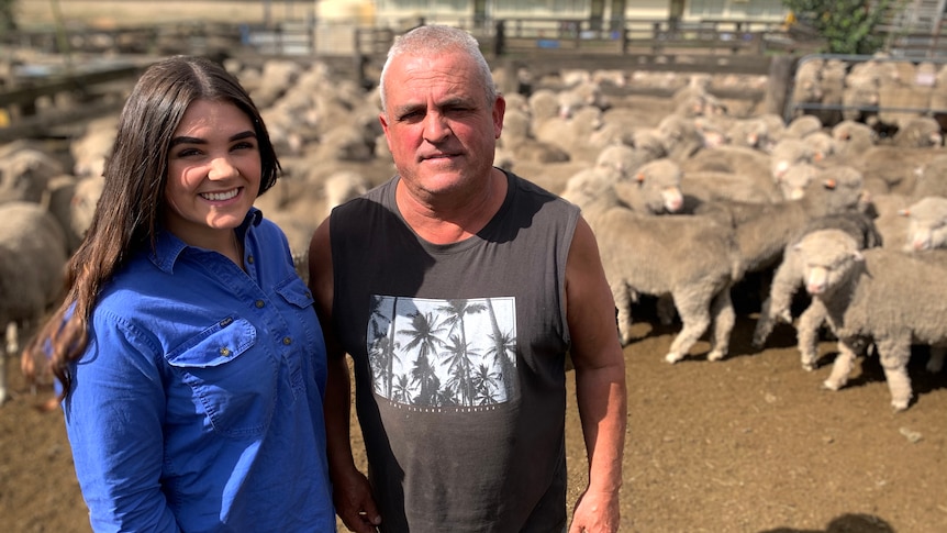 a father and daughter stand in the paddock with sheep