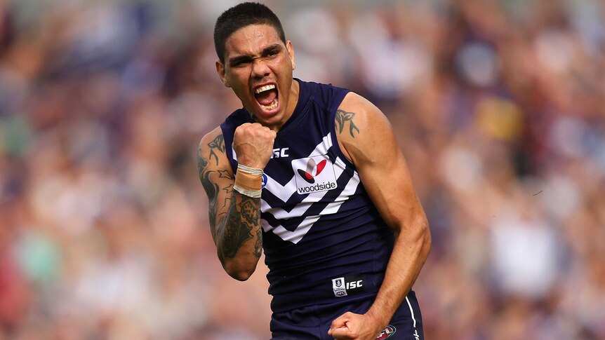 Fremantle's Michael Walters celebrates a goal against Port Adelaide at Subiaco Oval.