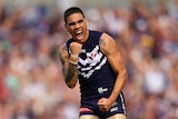 Fremantle's Michael Walters celebrates a goal against Port Adelaide at Subiaco Oval.