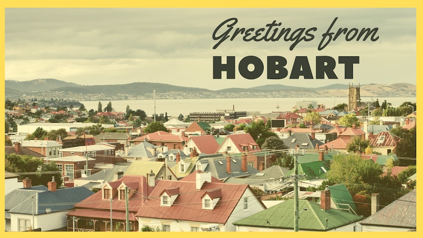 Looking over the red rooftops of Hobart made to look like an old  postcard