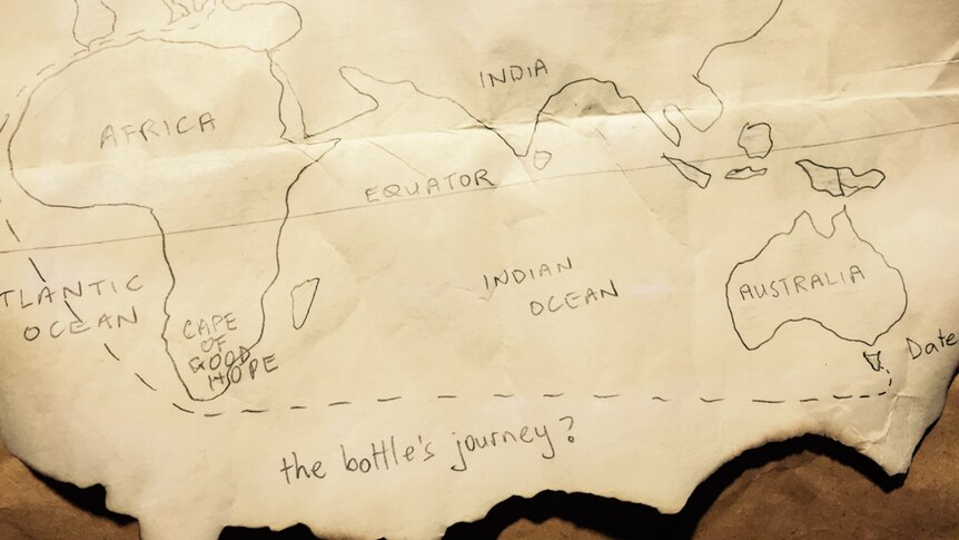 The map returned to Geeveston boy, Joshua Manning by the mysterious sender with a drawn presumed journey of the bottle.