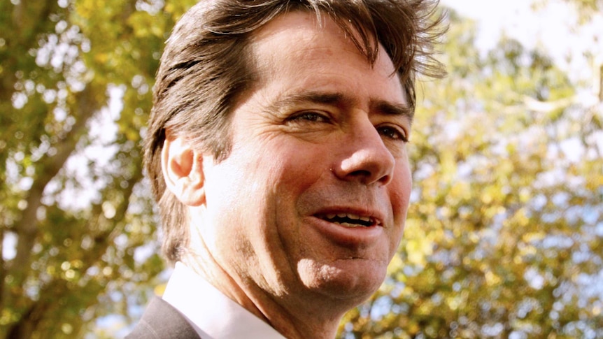 A tight head shot of a smiling AFL CEO Gillon McLachlan in front of trees.