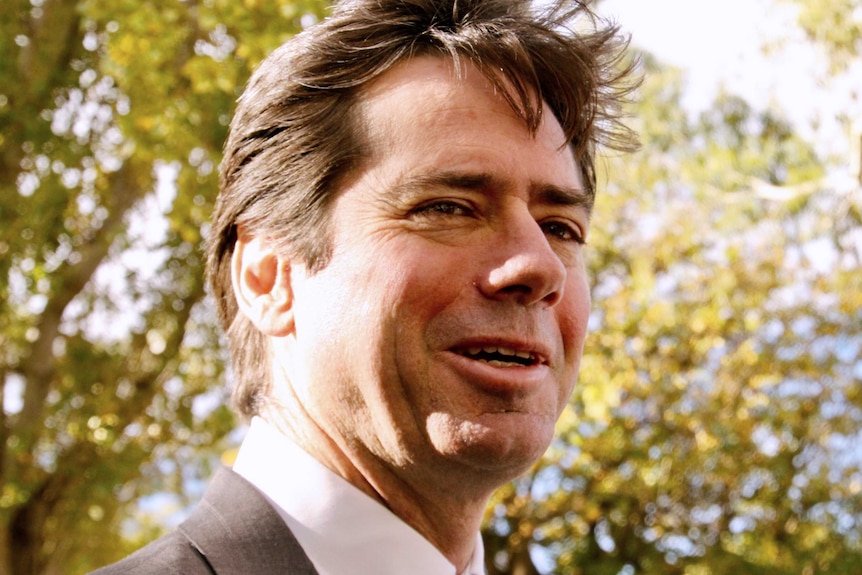 A tight head shot of a smiling AFL CEO Gillon McLachlan in front of trees.
