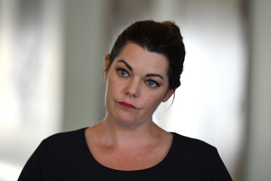 A shoulders-up portrait of Sarah Hanson-Young with hair in bun, serious expression