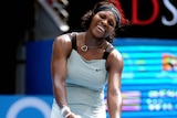 Serena Williams of the US reacts to a line call during her semifinal match against Elena Dementieva