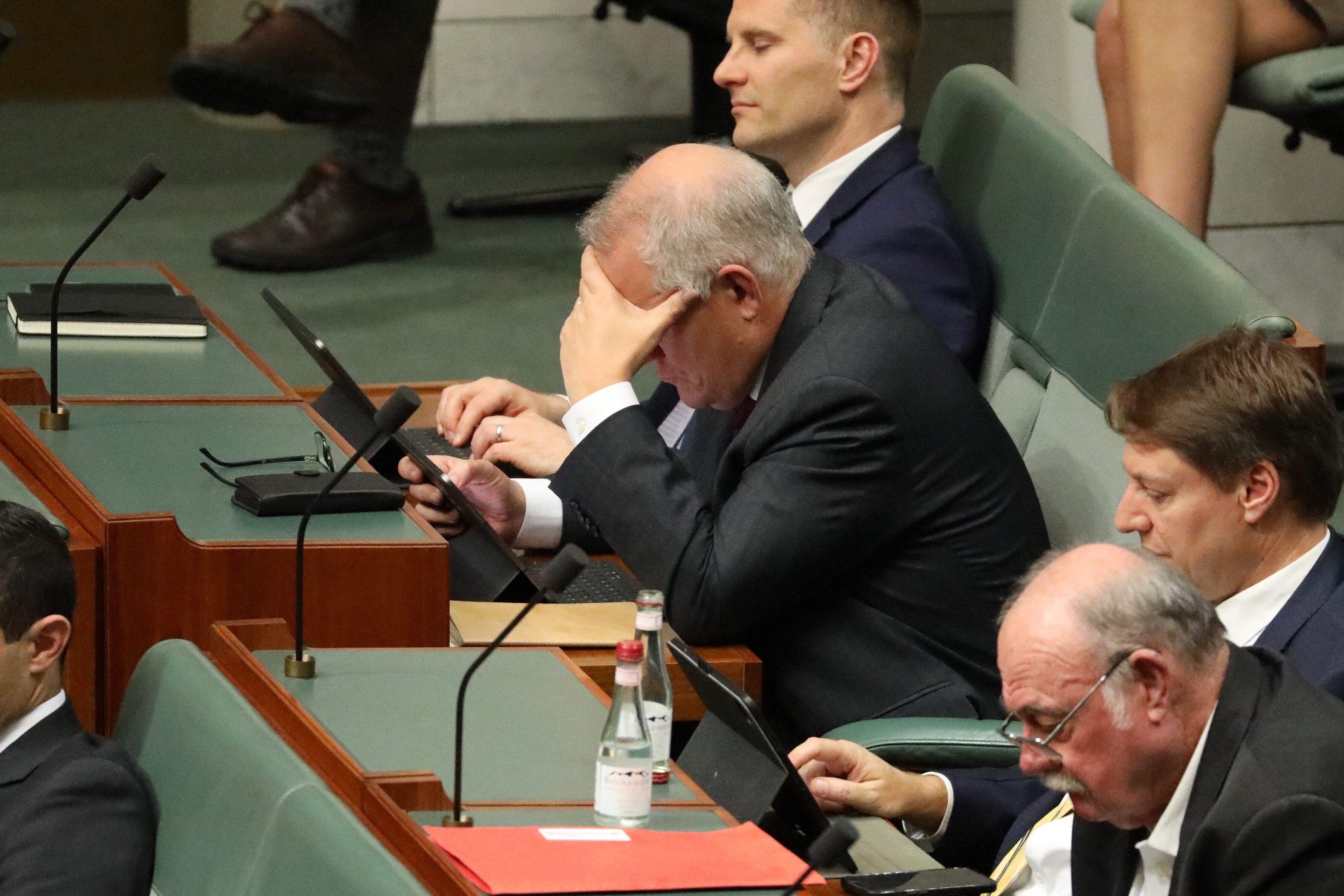 Morrison sits on the backbench of the House of Reps, his head in his hands.