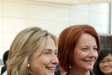 Close-up of Gillard and Hillary Clinton meeting in Hanoi