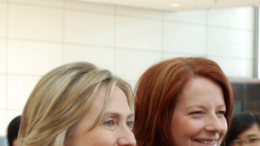 Close-up of Gillard and Hillary Clinton meeting in Hanoi