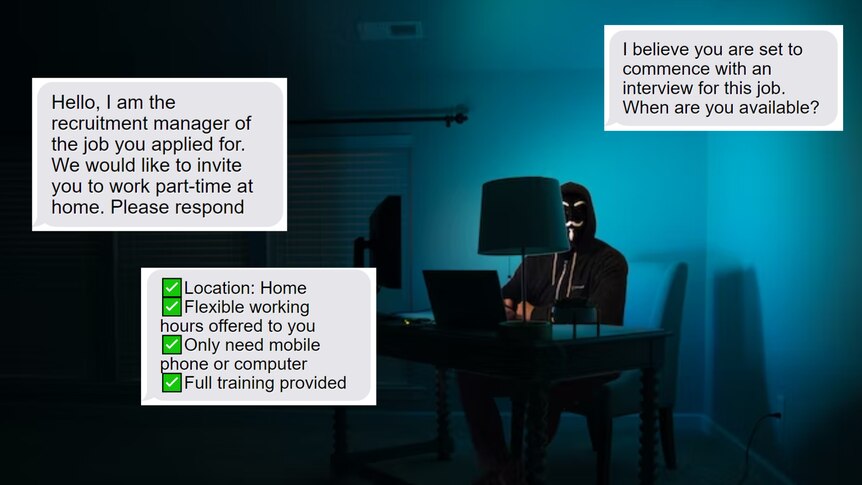 A collage image of a man sitting inside a dark room on a laptop, with text message bubbles around him