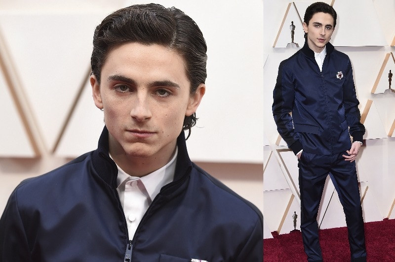 A composite image of Timothee Chalamet ina  blue stain zip up suit with a jewelled heart brooch.