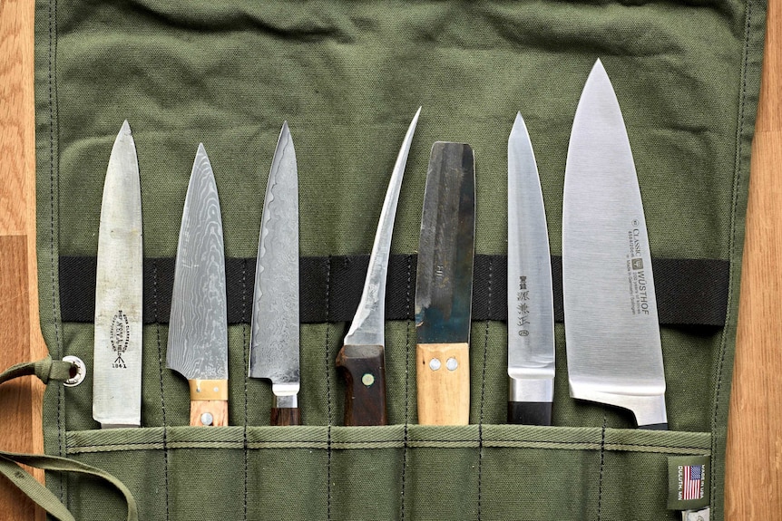 A line of different types of knives sit in a knife bag