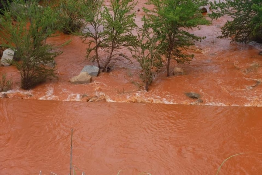 A creek running red due to an iron ore spill