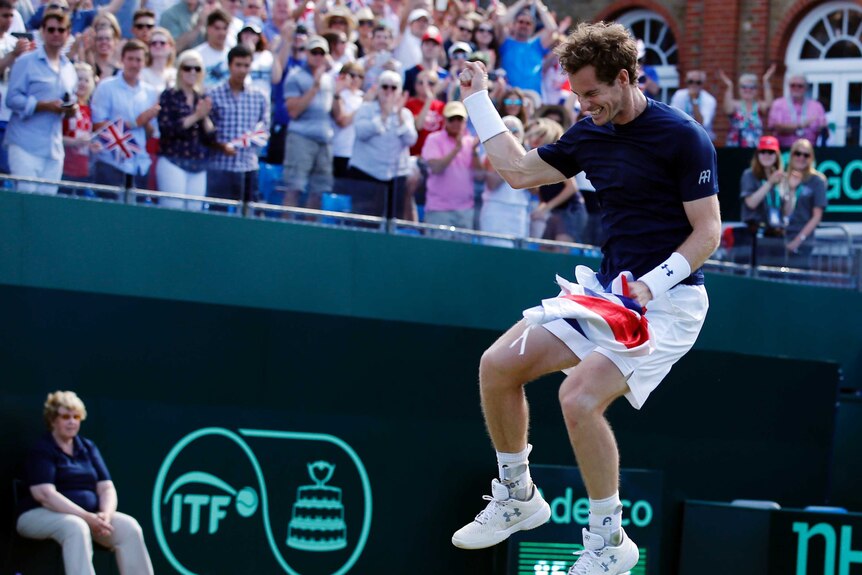 Andy Murray celebrates Davis Cup win over Gilles Simon