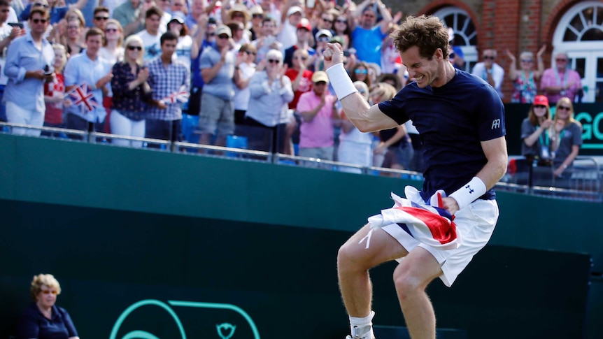 Britain's Andy Murray celebrates beating France's Gilles Simon in the Davis Cup in July, 2015.