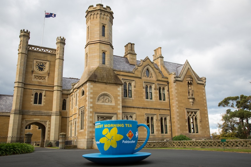 The giant tea cup in front of Government House before being moved to the paddocks.