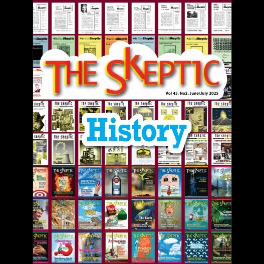 Magazine cover of The Skeptic, June 2025 showing covers from 45 years.