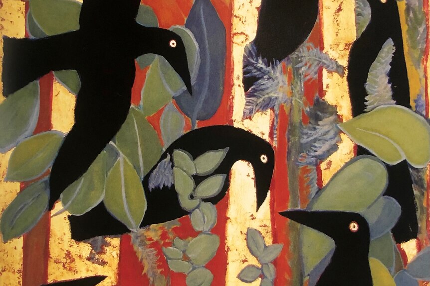 Photograph of a painting of stylised currawongs