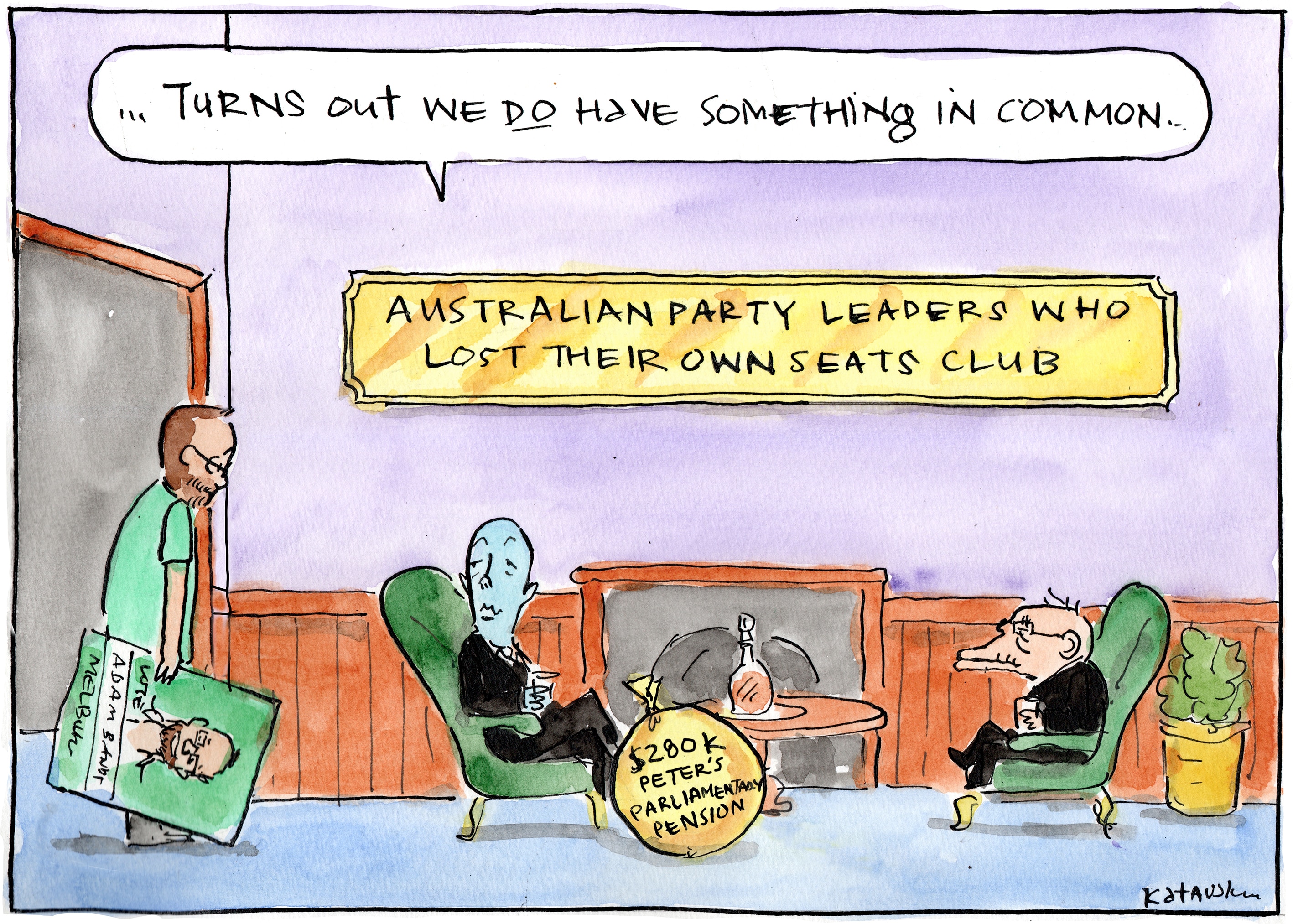 A cartoon with a man holding a sign joining two others who are seated.