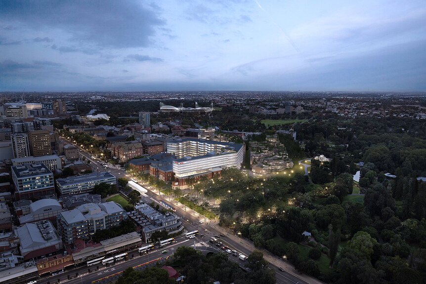An artist impression of the developed Royal Adelaide Hospital site at dusk