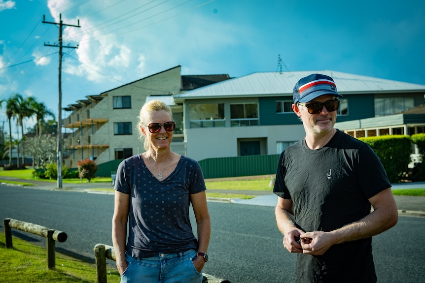 Shane Andrews and his partner Kathy Poldmaa outside their house.