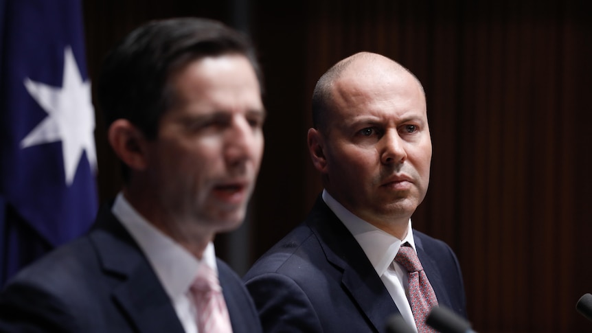 Treasurer Josh Frydenberg and Senator Simon Birmingham speak to the media.