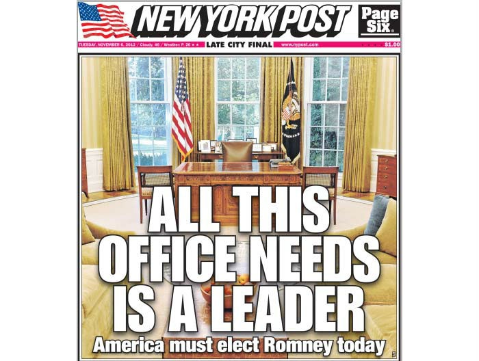 The front page of the New York Post on US election day. November 7, 2012.