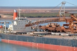A bulk carrier sits in the Port Hedland harbour.