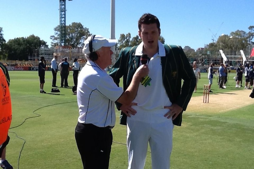 Respected voice ... Jim Maxwell chats with South Africa captain Graeme Smith ahead of the second Test at Adelaide Oval in 2012
