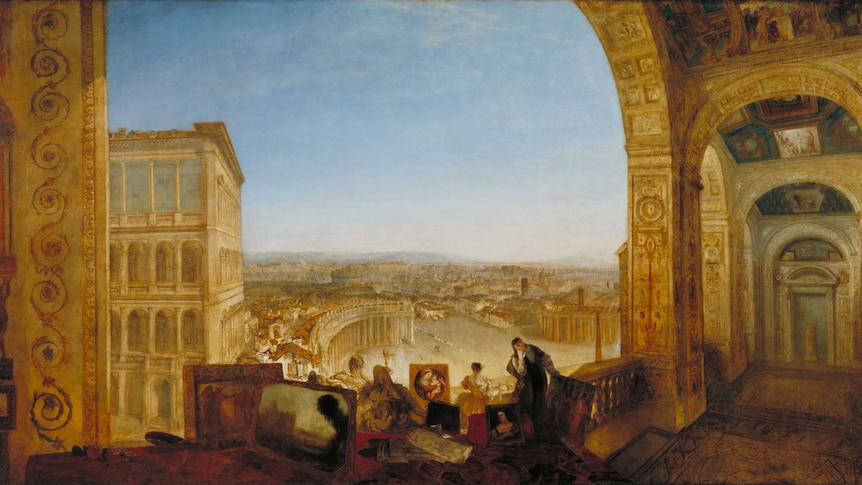 Rome from the Vatican. Raffaelle, accompanied by La Fornarina, preparing his pictures for the decoration of the Loggia.