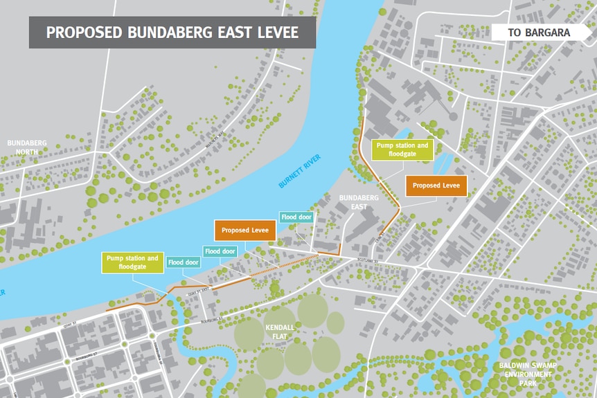 A map of Bundaberg, including the Burnett River, with details on the proposed Bundaberg East Flood Levee
