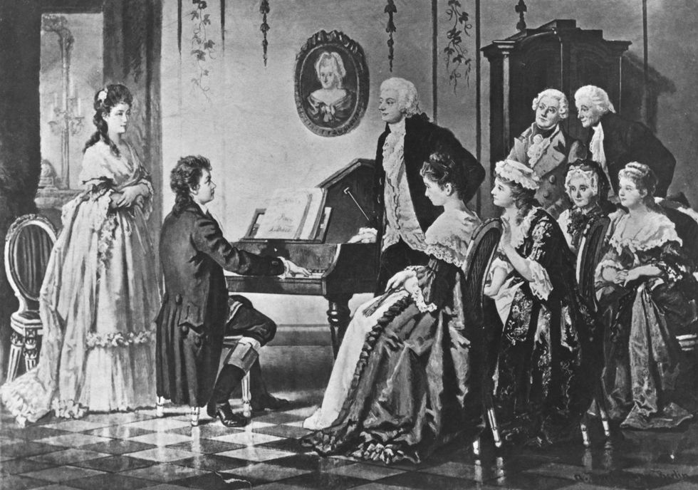 Black and white painting of a group of people in the late 1700s around a piano