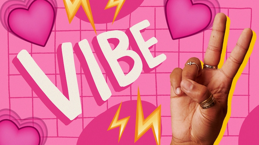 Illustration of the word 'vibe' with a hand doing a peace sign for a story about language.
