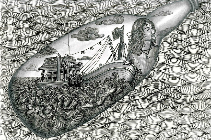 A black-and-white drawing of a man and a boat within a bottle, surrounded by the sea.