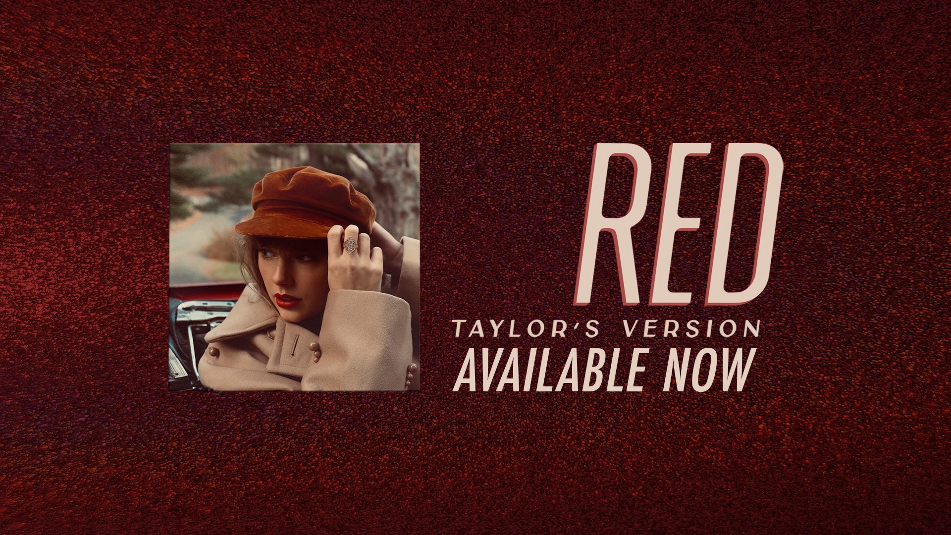 A promo poster of Taylor Swift wearing a train driver's cap, red lipstick and a ring that says "red". 