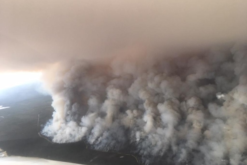 An aerial photo showing a huge cloud of grey smoke from a bushfire.