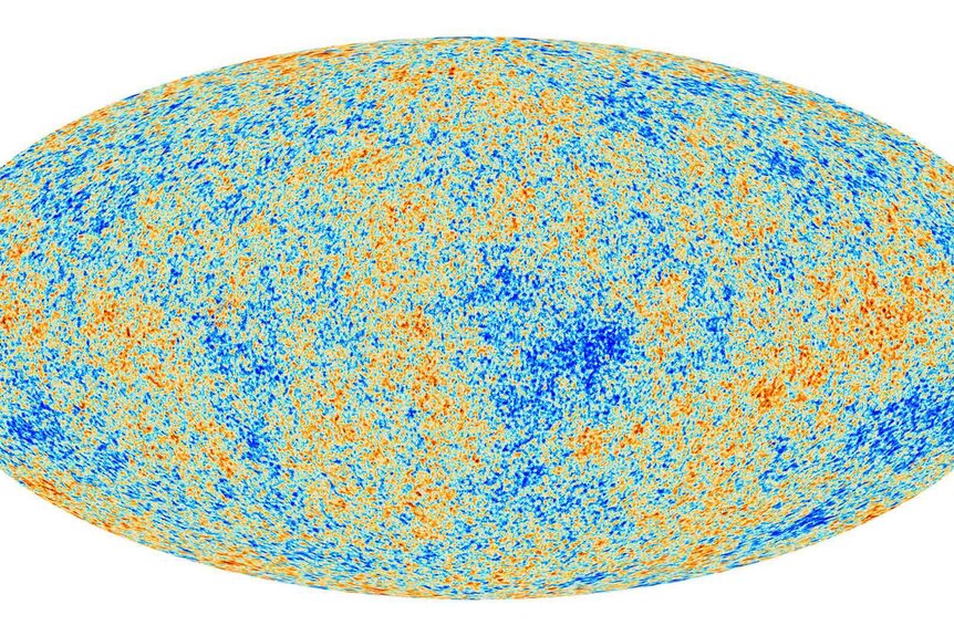 A two-dimensional oval on its side. It is filled with varying shades of blue, orange and red.