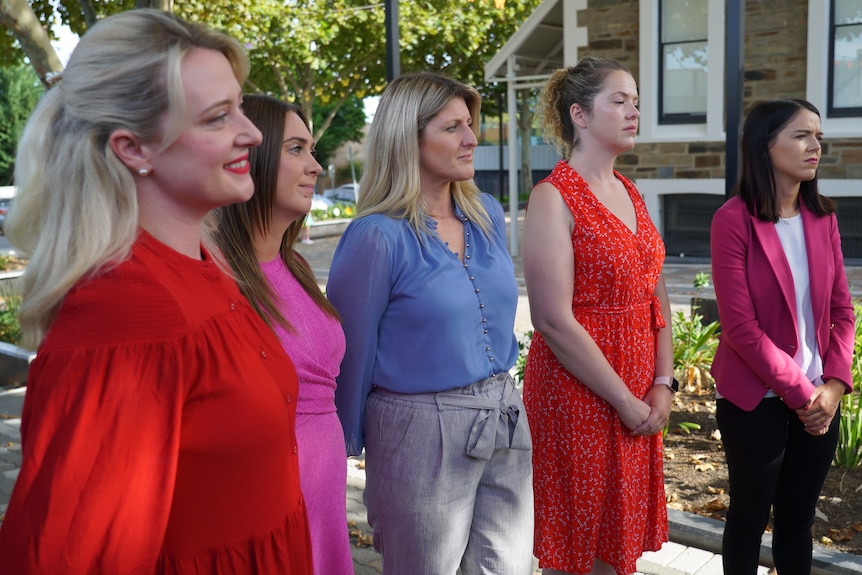 New SA Labor MPs Lucy Hood, Rhiannon Pearce, Erin Thompson, Nadia Clancy and Olivia Savvas.
