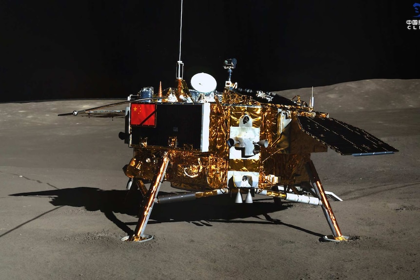 The Chang'e 4 lander sits on the Moon's surface.