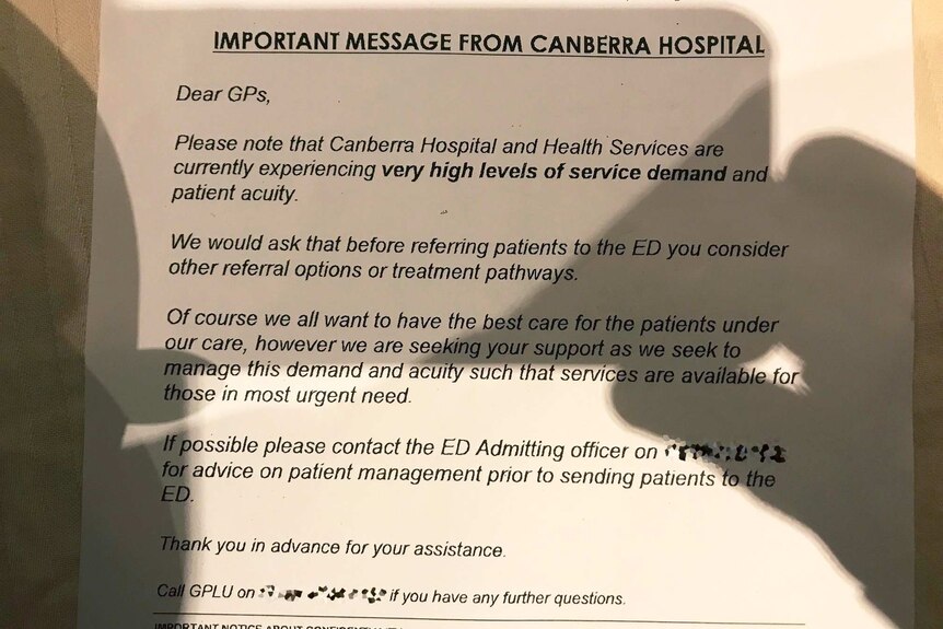 A letter from ACT Health to Canberra GPs warning about high demand at Canberra Hospital Emergency Department.