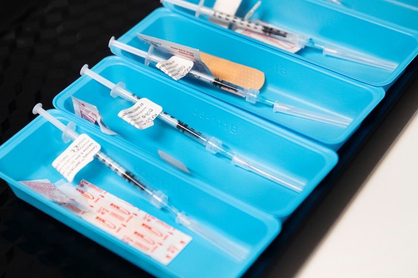 Small blue trays lined up, each with a single syringe of COVID-19 vaccine and a bandaid at a vaccination centre.