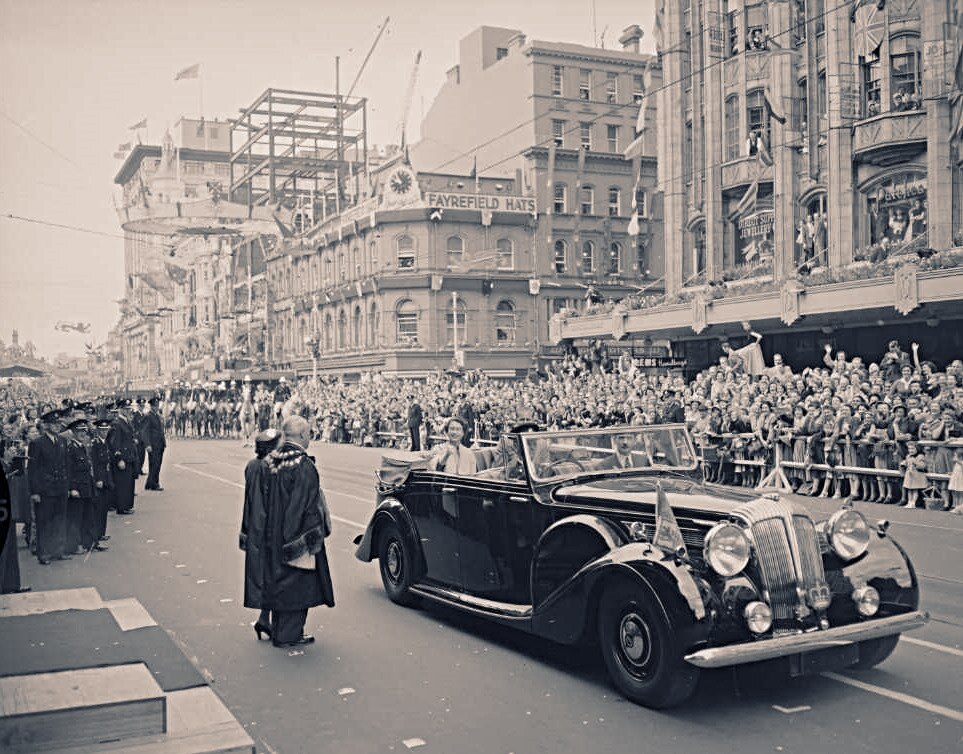 Huge crowds greet Queen Elizabeth II and Prince Philip as they arrive in Melbourne in 1954.