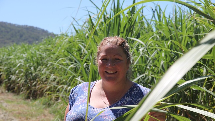 Ellie Boyd stands in a blue dress beside tall, green cane.