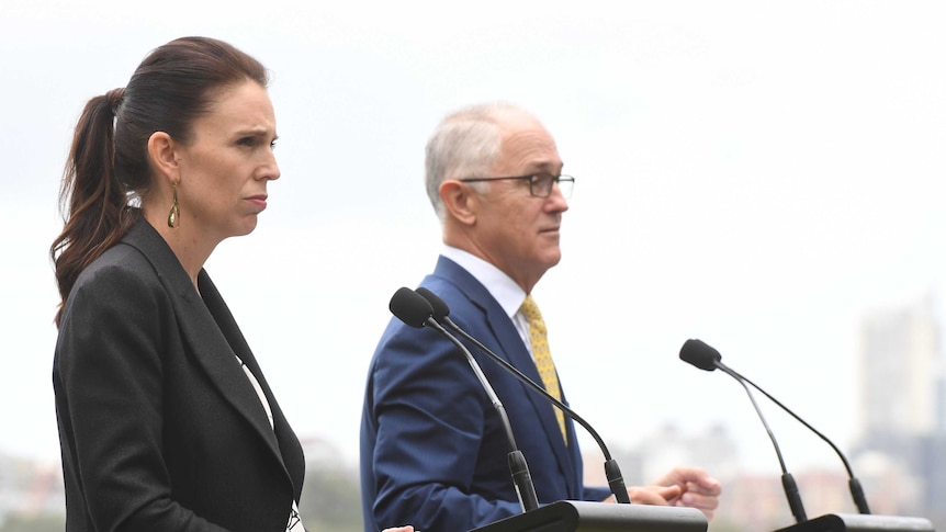 Jacinda Ardern and Malcolm Turnbull are seen during a joint press conference at Kirribilli House.