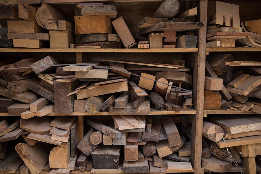 Shelves full of recycled wood at a workshop in Tasmania.