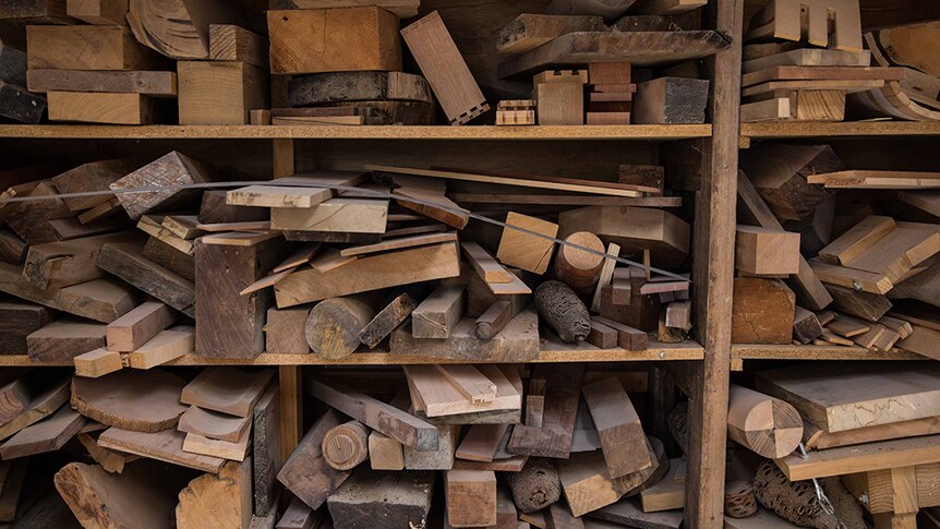 Shelves full of recycled wood at a workshop in Tasmania.