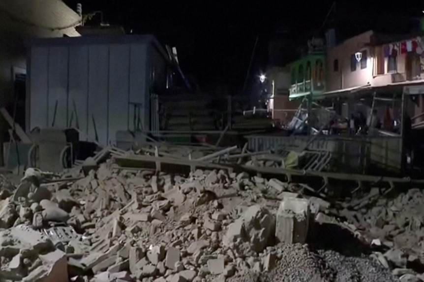 Rubble on the ground at night time. 