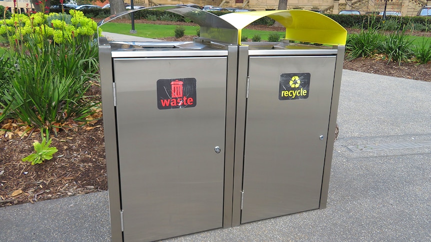 Waste and recycle bins in Franklin Square, Hobart city.